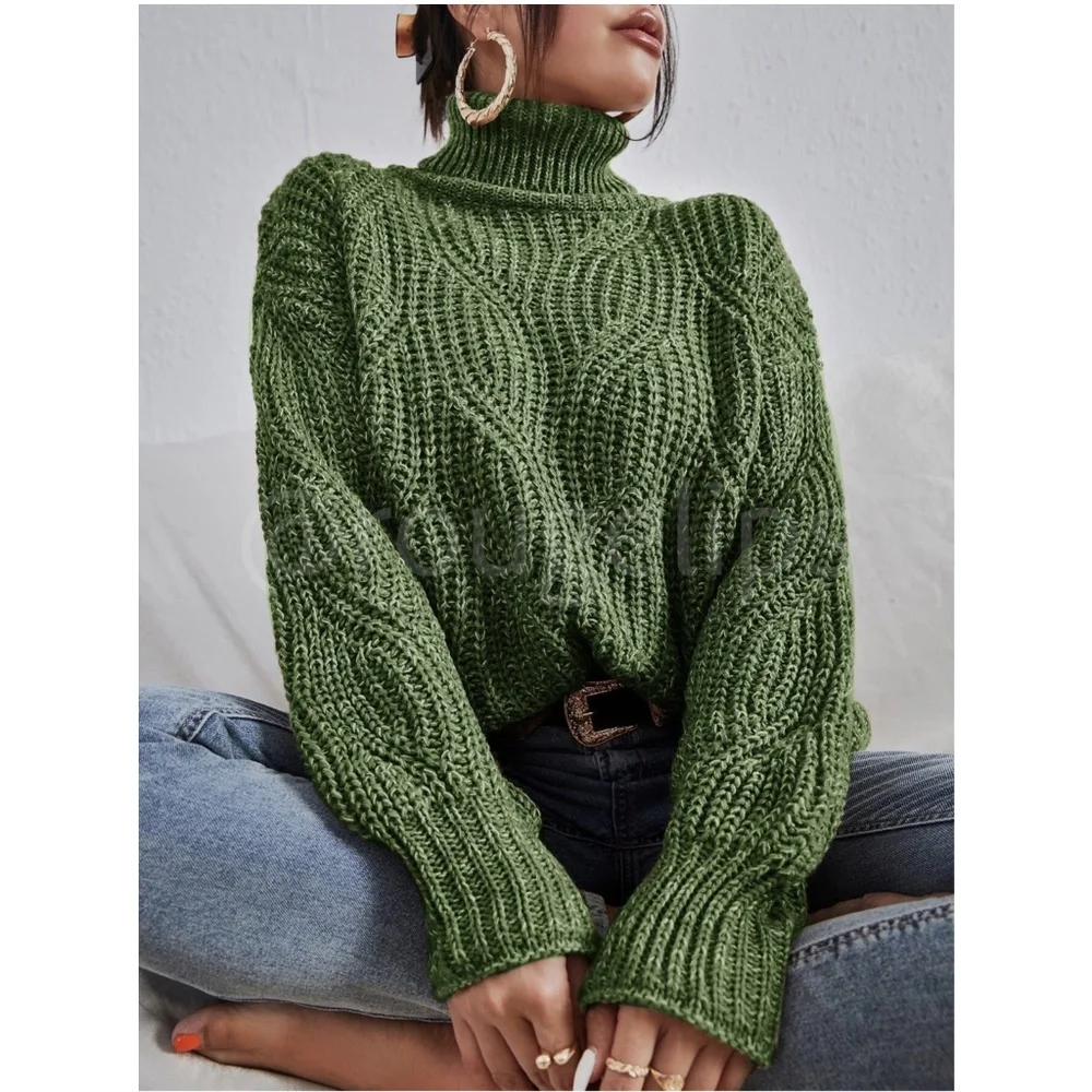 Cable Knit Turtleneck Pullover Sweater Forrest Green - Picture 1 of 10